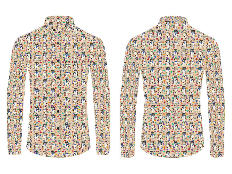 Rainbow Paw Print Shetland Sheepdog Blue All Over Print Casual Dress Men's Shirt