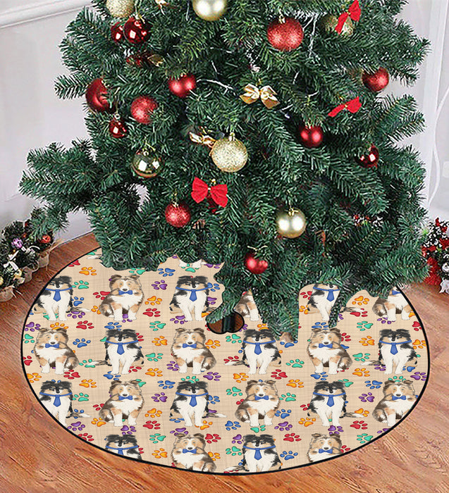 Rainbow Paw Print Shetland Sheepdog Blue Christmas Tree Skirt
