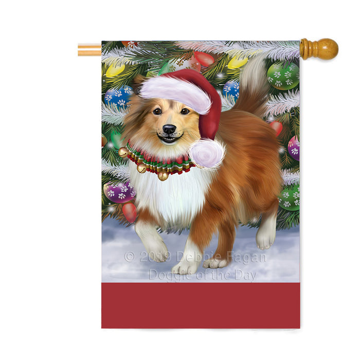 Personalized Trotting in the Snow Shetland Sheepdog Custom House Flag FLG-DOTD-A60845