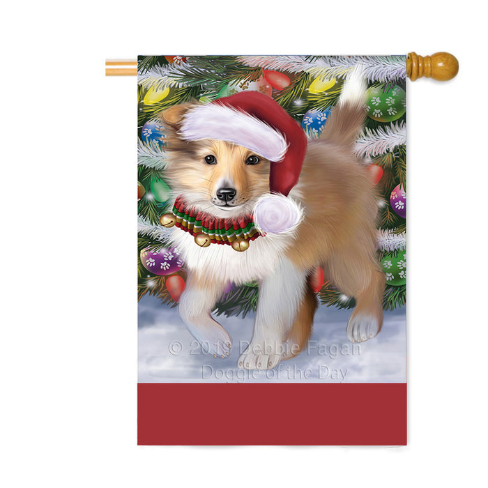 Personalized Trotting in the Snow Shetland Sheepdog Custom House Flag FLG-DOTD-A60847