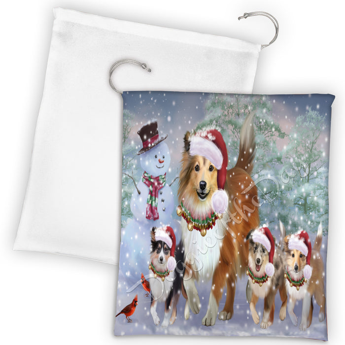 Christmas Running Fammily Shetland Sheepdogs Drawstring Laundry or Gift Bag LGB48249