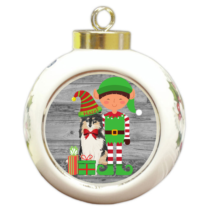 Custom Personalized Shetland Sheepdog Elfie and Presents Christmas Round Ball Ornament