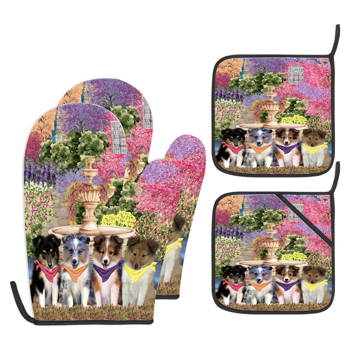 Shetland Sheepdog Oven Mitts and Pot Holder Set: Kitchen Gloves for Cooking with Potholders, Custom, Personalized, Explore a Variety of Designs, Dog Lovers Gift