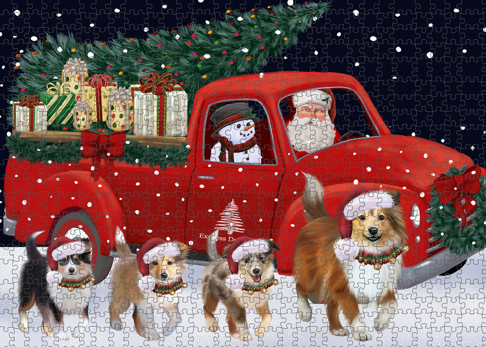 Christmas Express Delivery Red Truck Running Shetland Sheepdogs Puzzle with Photo Tin PUZL99804