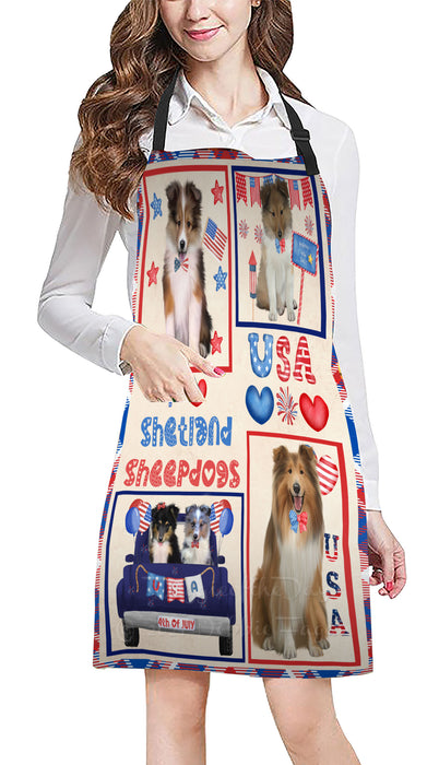 4th of July Independence Day I Love USA Shetland Sheepdogs Apron - Adjustable Long Neck Bib for Adults - Waterproof Polyester Fabric With 2 Pockets - Chef Apron for Cooking, Dish Washing, Gardening, and Pet Grooming