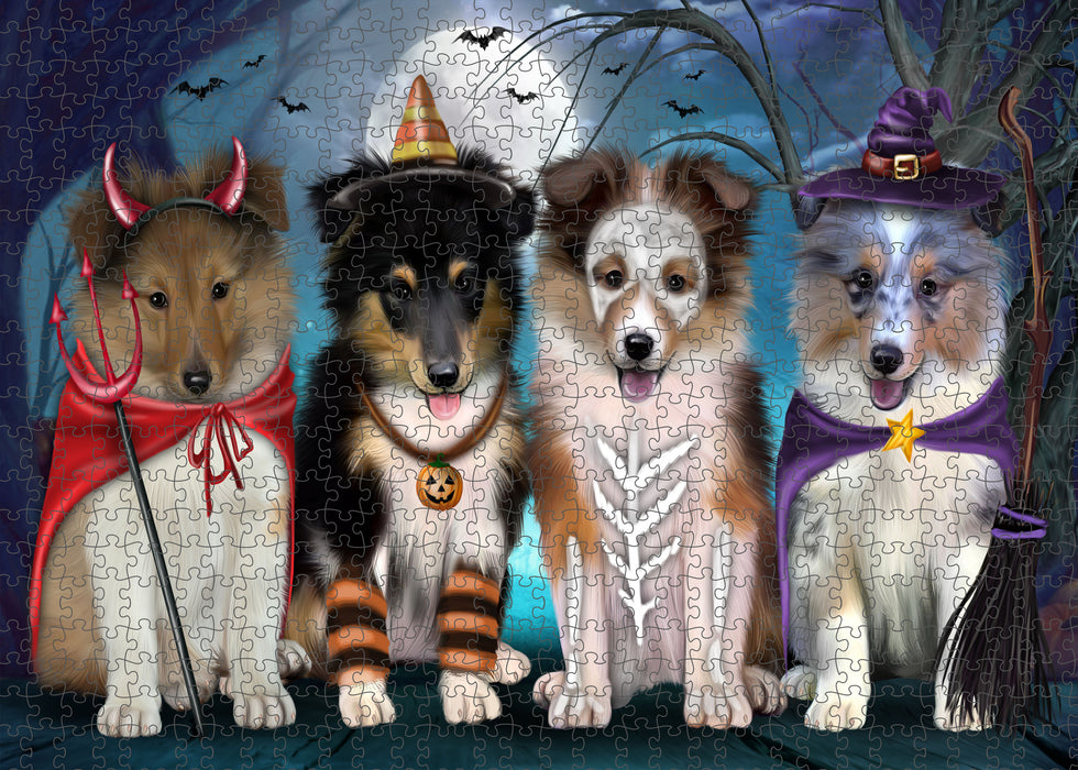 Happy Halloween Trick or Treat Shetland Sheepdogs Portrait Jigsaw Puzzle for Adults Animal Interlocking Puzzle Game Unique Gift for Dog Lover's with Metal Tin Box