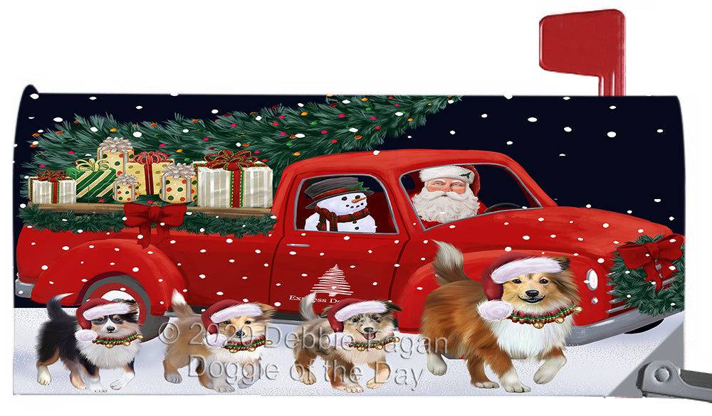 Christmas Express Delivery Red Truck Running Shetland Sheepdog Magnetic Mailbox Cover Both Sides Pet Theme Printed Decorative Letter Box Wrap Case Postbox Thick Magnetic Vinyl Material