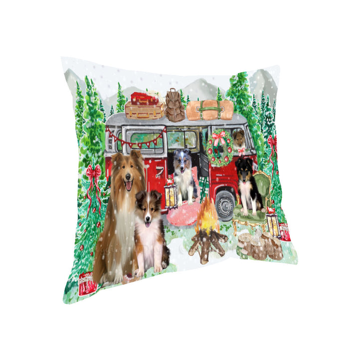 Christmas Time Camping with Shetland Sheepdogs Pillow with Top Quality High-Resolution Images - Ultra Soft Pet Pillows for Sleeping - Reversible & Comfort - Ideal Gift for Dog Lover - Cushion for Sofa Couch Bed - 100% Polyester