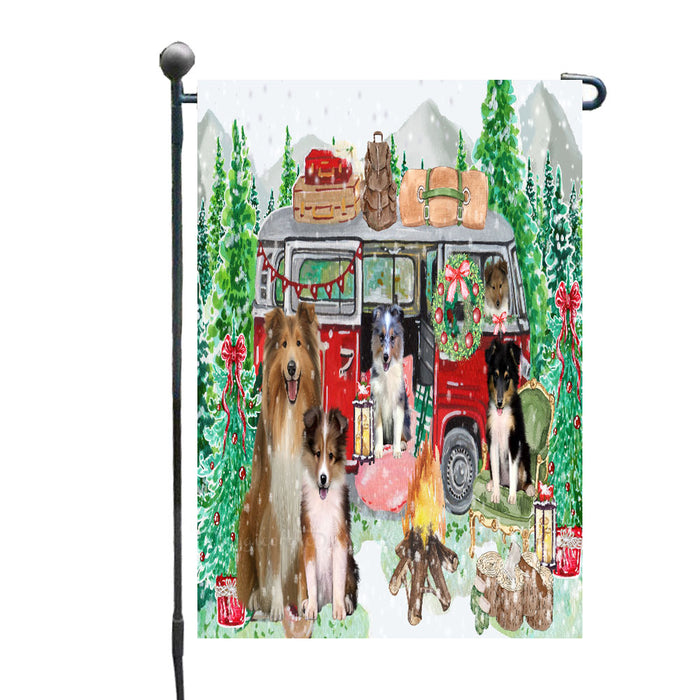 Christmas Time Camping with Shetland Sheepdogs Garden Flags- Outdoor Double Sided Garden Yard Porch Lawn Spring Decorative Vertical Home Flags 12 1/2"w x 18"h