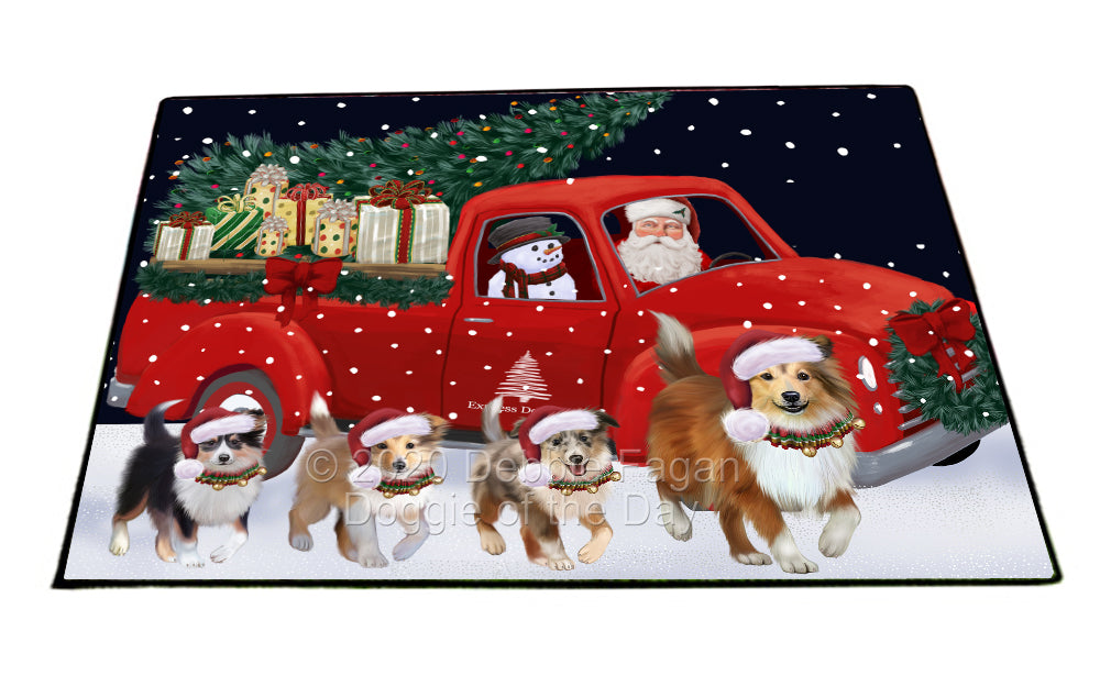 Christmas Express Delivery Red Truck Running Shetland Sheepdogs Indoor/Outdoor Welcome Floormat - Premium Quality Washable Anti-Slip Doormat Rug FLMS56701