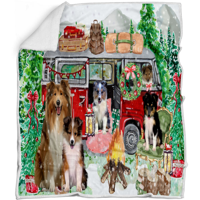 Christmas Time Camping with Shetland Sheepdogs Blanket - Lightweight Soft Cozy and Durable Bed Blanket - Animal Theme Fuzzy Blanket for Sofa Couch