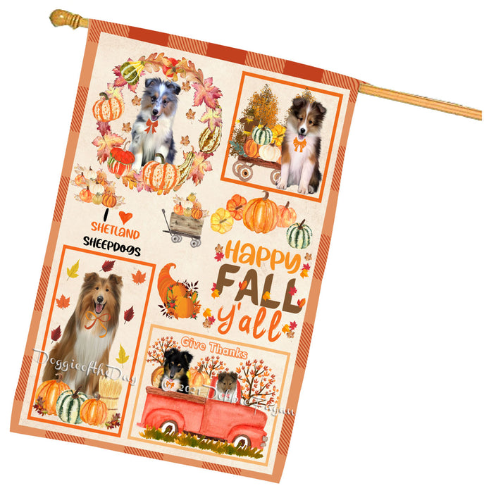 Happy Fall Y'all Pumpkin Shetland Sheepdogs House Flag Outdoor Decorative Double Sided Pet Portrait Weather Resistant Premium Quality Animal Printed Home Decorative Flags 100% Polyester