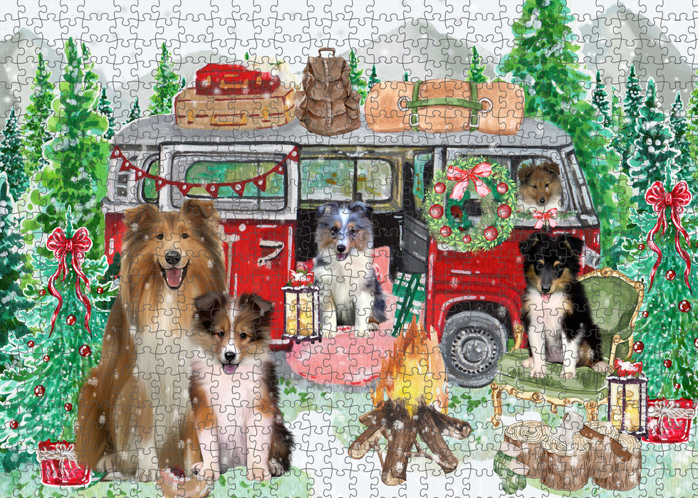 Christmas Time Camping with Shetland Sheepdogs Portrait Jigsaw Puzzle for Adults Animal Interlocking Puzzle Game Unique Gift for Dog Lover's with Metal Tin Box
