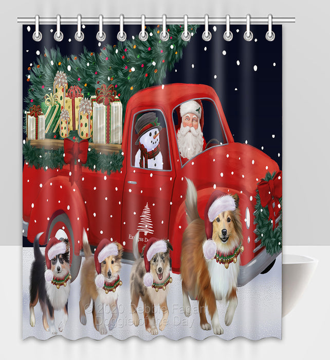 Christmas Express Delivery Red Truck Running Shetland Sheepdogs Shower Curtain Bathroom Accessories Decor Bath Tub Screens