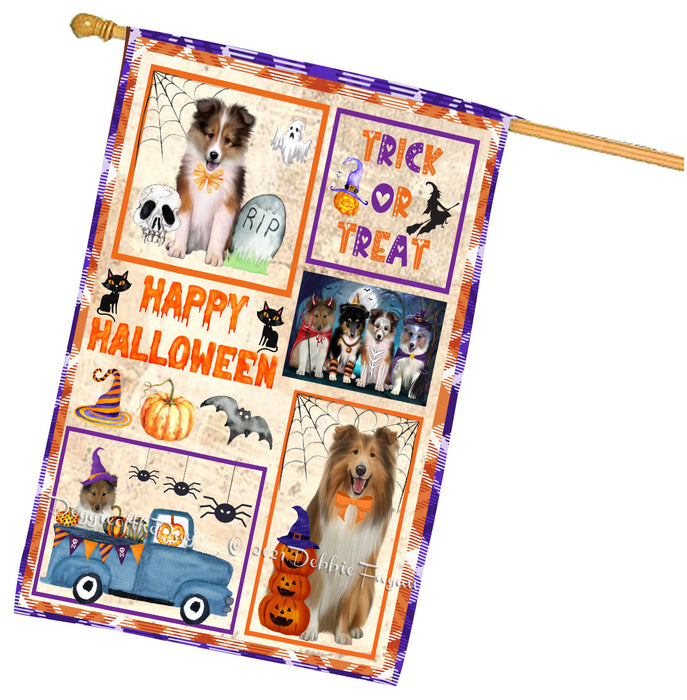 Happy Halloween Trick or Treat Shetland Sheepdogs House Flag Outdoor Decorative Double Sided Pet Portrait Weather Resistant Premium Quality Animal Printed Home Decorative Flags 100% Polyester