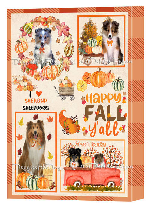 Happy Fall Y'all Pumpkin Shetland Sheepdogs Canvas Wall Art - Premium Quality Ready to Hang Room Decor Wall Art Canvas - Unique Animal Printed Digital Painting for Decoration