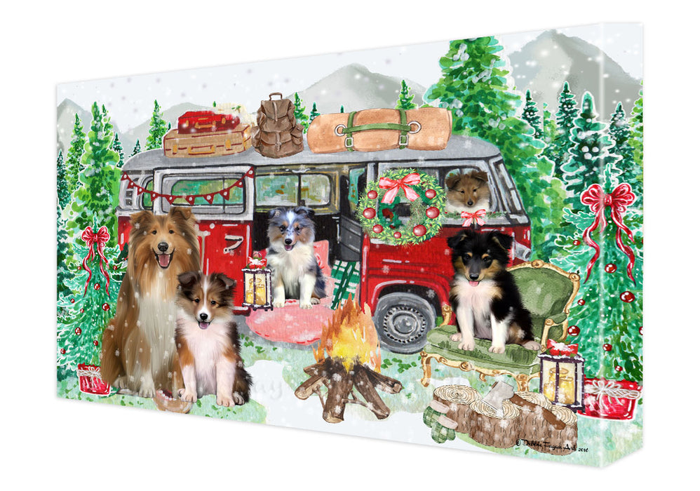 Christmas Time Camping with Shetland Sheepdogs Canvas Wall Art - Premium Quality Ready to Hang Room Decor Wall Art Canvas - Unique Animal Printed Digital Painting for Decoration