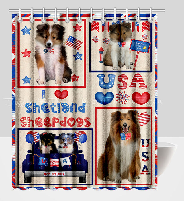 4th of July Independence Day I Love USA Shetland Sheepdogs Shower Curtain Pet Painting Bathtub Curtain Waterproof Polyester One-Side Printing Decor Bath Tub Curtain for Bathroom with Hooks