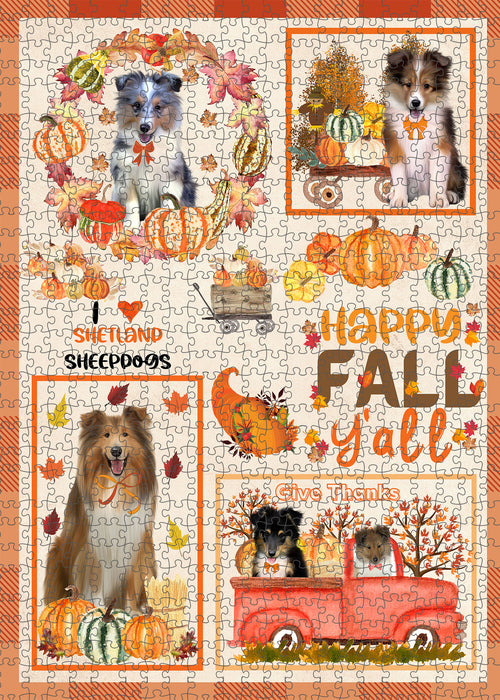 Happy Fall Y'all Pumpkin Shetland Sheepdogs Portrait Jigsaw Puzzle for Adults Animal Interlocking Puzzle Game Unique Gift for Dog Lover's with Metal Tin Box