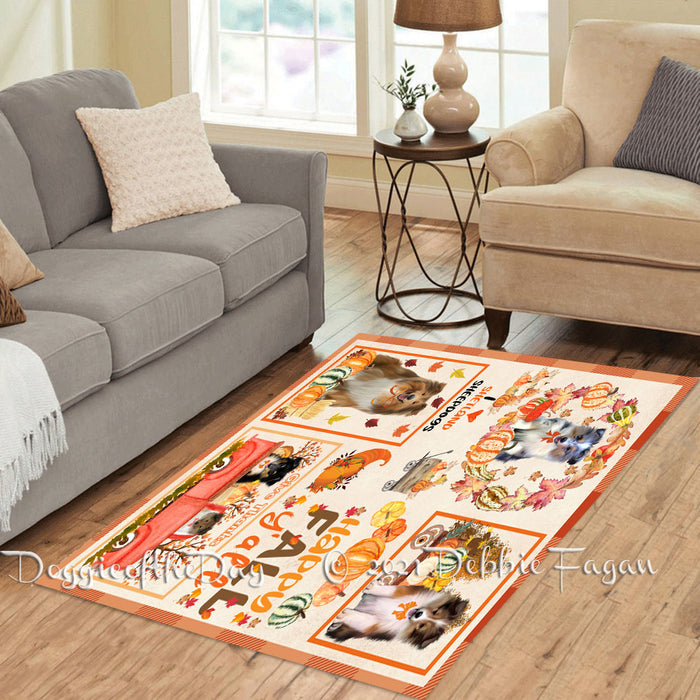 Happy Fall Y'all Pumpkin Shetland Sheepdogs Polyester Living Room Carpet Area Rug ARUG67111