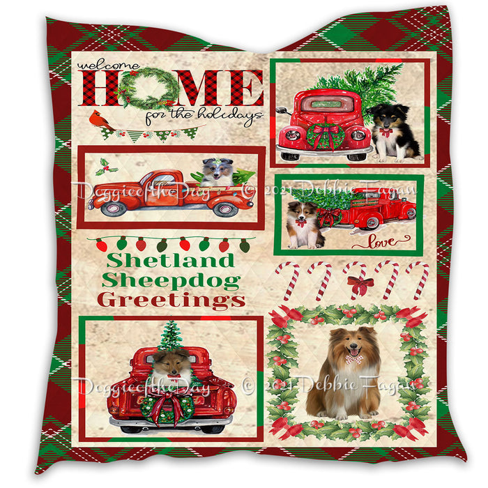 Welcome Home for Christmas Holidays Shetland Sheepdogs Quilt Bed Coverlet Bedspread - Pets Comforter Unique One-side Animal Printing - Soft Lightweight Durable Washable Polyester Quilt
