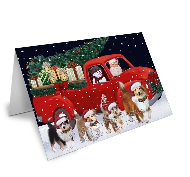 Christmas Express Delivery Red Truck Running Shetland Sheepdogs Handmade Artwork Assorted Pets Greeting Cards and Note Cards with Envelopes for All Occasions and Holiday Seasons GCD75218