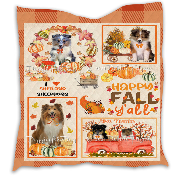 Happy Fall Y'all Pumpkin Shetland Sheepdogs Quilt Bed Coverlet Bedspread - Pets Comforter Unique One-side Animal Printing - Soft Lightweight Durable Washable Polyester Quilt