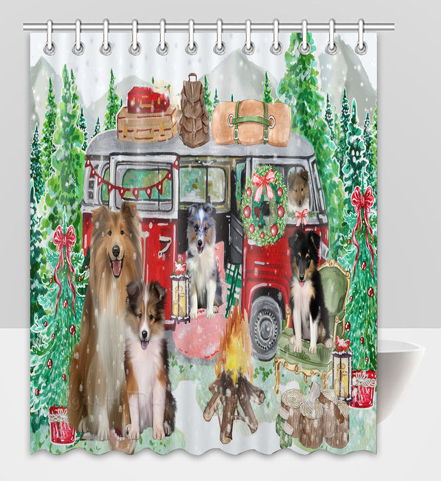 Christmas Time Camping with Shetland Sheepdogs Shower Curtain Pet Painting Bathtub Curtain Waterproof Polyester One-Side Printing Decor Bath Tub Curtain for Bathroom with Hooks
