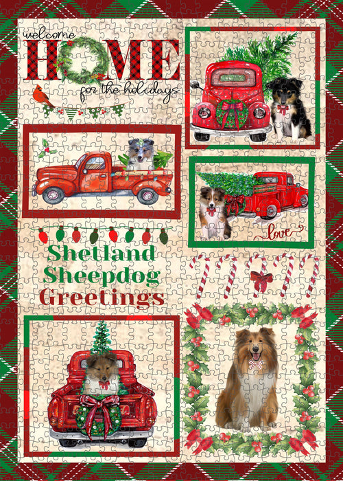 Welcome Home for Christmas Holidays Shetland Sheepdogs Portrait Jigsaw Puzzle for Adults Animal Interlocking Puzzle Game Unique Gift for Dog Lover's with Metal Tin Box