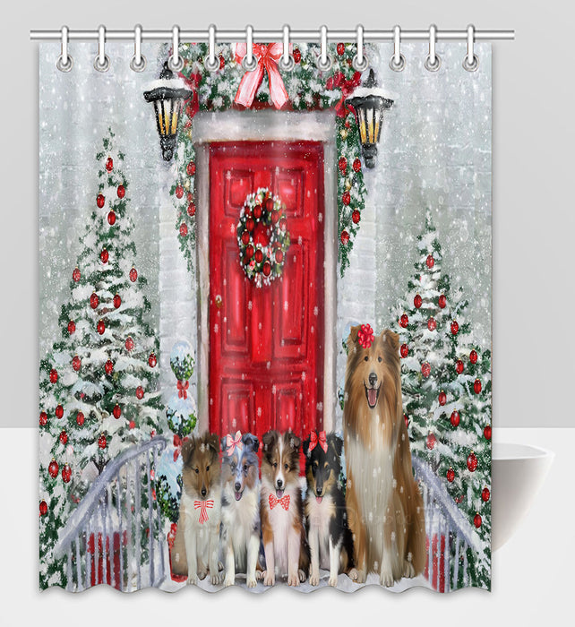Christmas Holiday Welcome Shetland Sheepdogs Shower Curtain Pet Painting Bathtub Curtain Waterproof Polyester One-Side Printing Decor Bath Tub Curtain for Bathroom with Hooks
