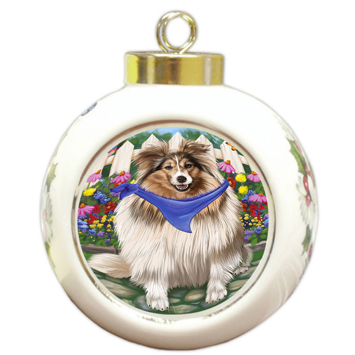 Spring Floral Shetland Sheepdog Round Ball Christmas Ornament RBPOR52160