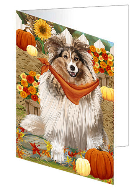 Fall Autumn Greeting Shetland Sheepdog with Pumpkins Handmade Artwork Assorted Pets Greeting Cards and Note Cards with Envelopes for All Occasions and Holiday Seasons GCD56612