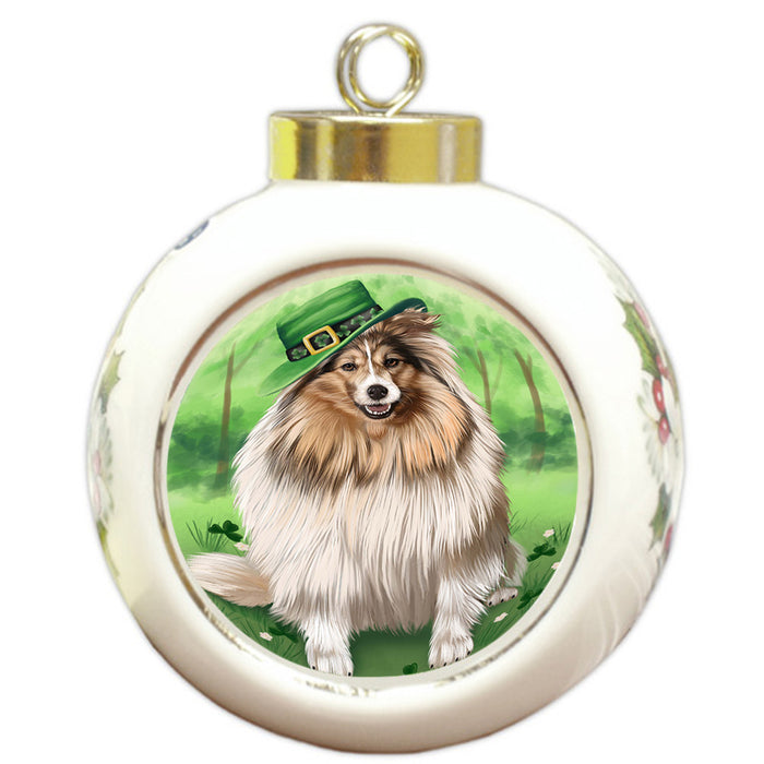 St. Patricks Day Irish Portrait Shetland Sheepdog Dog Round Ball Christmas Ornament RBPOR49393