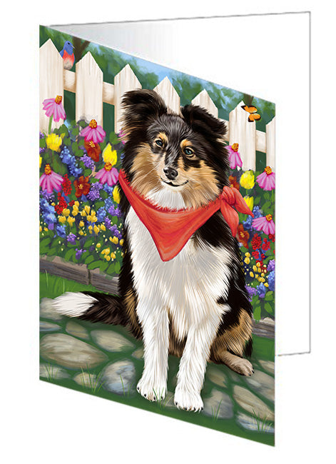 Spring Floral Shetland Sheepdog Handmade Artwork Assorted Pets Greeting Cards and Note Cards with Envelopes for All Occasions and Holiday Seasons GCD60512