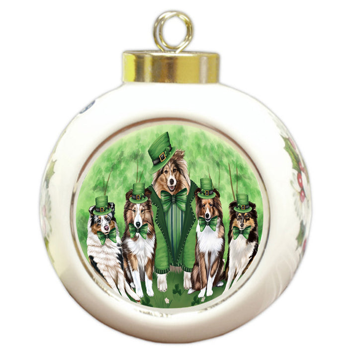 St. Patricks Day Irish Family Portrait Shetland Sheepdogs Dog Round Ball Christmas Ornament RBPOR49394