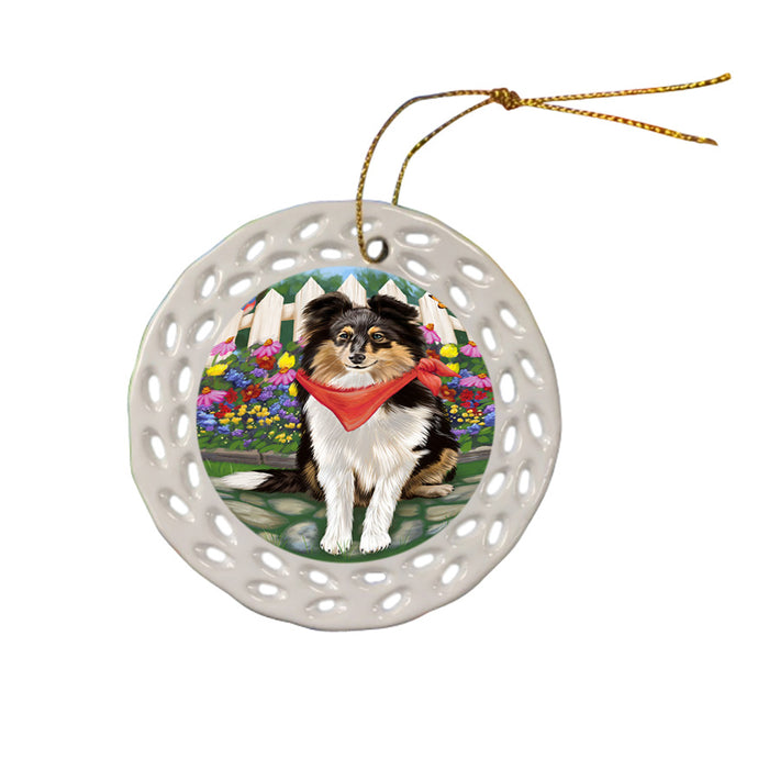 Spring Floral Shetland Sheepdog Ceramic Doily Ornament DPOR52161
