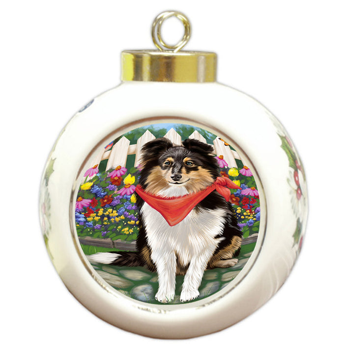 Spring Floral Shetland Sheepdog Round Ball Christmas Ornament RBPOR52161