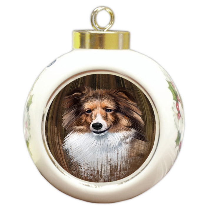 Rustic Shetland Sheepdog Round Ball Christmas Ornament RBPOR50481