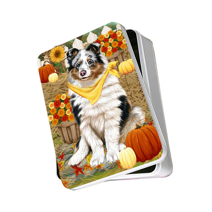 Fall Autumn Greeting Shetland Sheepdog with Pumpkins Photo Storage Tin PITN50863