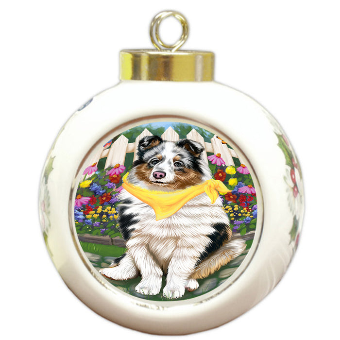 Spring Floral Shetland Sheepdog Dog Round Ball Christmas Ornament RBPOR52162