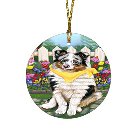 Spring Floral Shetland Sheepdog Dog Round Flat Christmas Ornament RFPOR52153