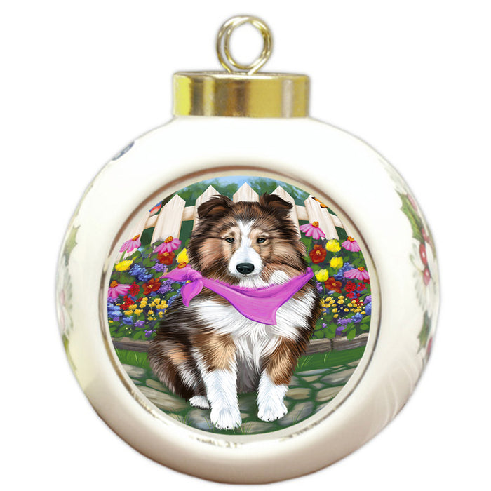 Spring Floral Shetland Sheepdog Dog Round Ball Christmas Ornament RBPOR52163