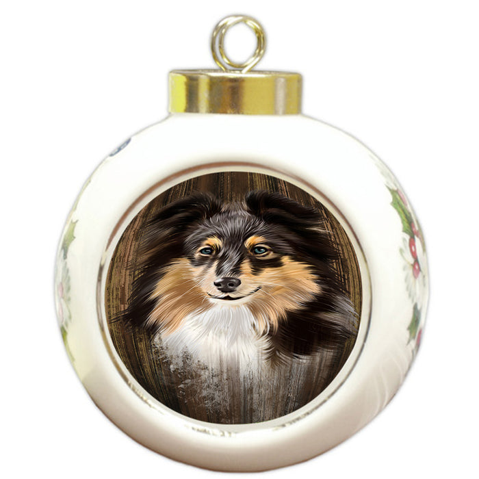 Rustic Shetland Sheepdog Round Ball Christmas Ornament RBPOR50483