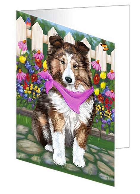 Spring Floral Shetland Sheepdog Handmade Artwork Assorted Pets Greeting Cards and Note Cards with Envelopes for All Occasions and Holiday Seasons GCD60518