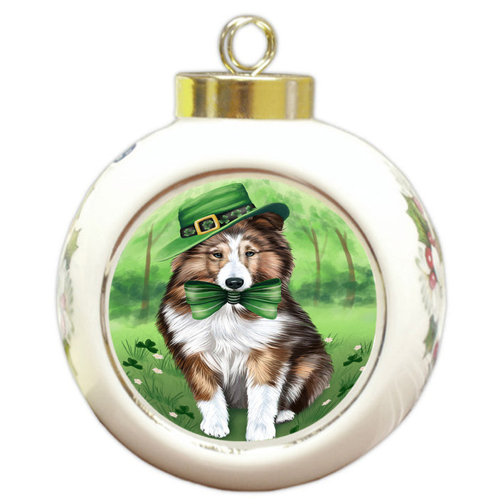 St. Patricks Day Irish Portrait Shetland Sheepdog Dog Round Ball Christmas Ornament RBPOR49396