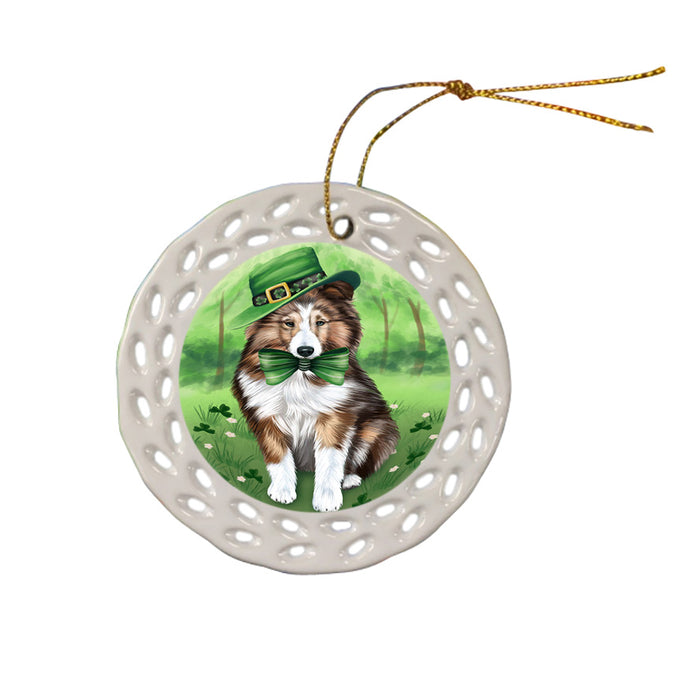 St. Patricks Day Irish Portrait Shetland Sheepdog Dog Ceramic Doily Ornament DPOR49396