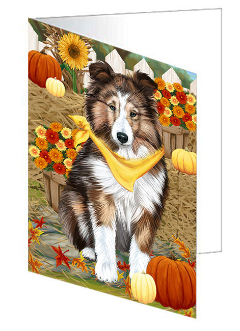 Fall Autumn Greeting Shetland Sheepdog with Pumpkins Handmade Artwork Assorted Pets Greeting Cards and Note Cards with Envelopes for All Occasions and Holiday Seasons GCD56621