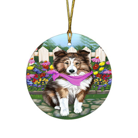 Spring Floral Shetland Sheepdog Dog Round Flat Christmas Ornament RFPOR52154
