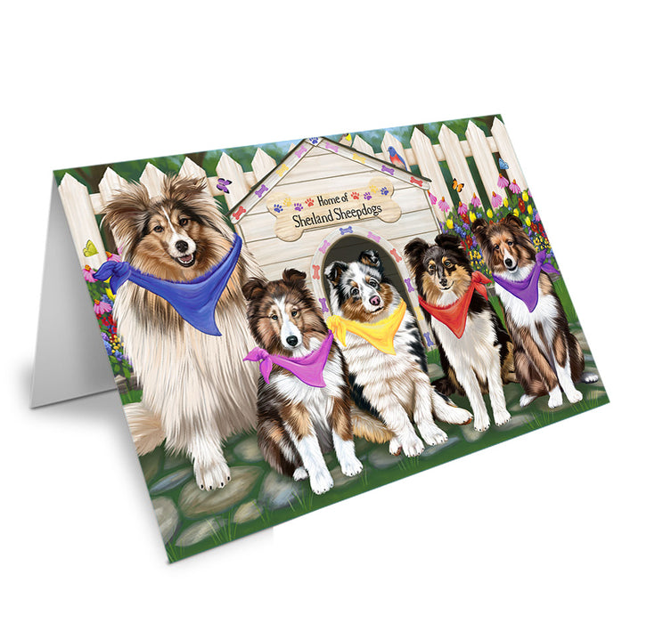 Spring Dog House Shetland Sheepdogs Handmade Artwork Assorted Pets Greeting Cards and Note Cards with Envelopes for All Occasions and Holiday Seasons GCD54419