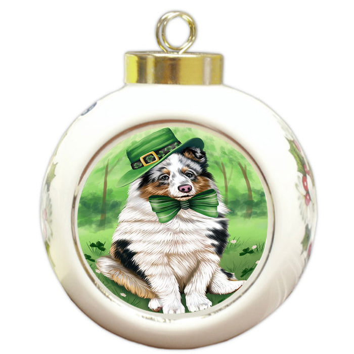 St. Patricks Day Irish Portrait Shetland Sheepdog Dog Round Ball Christmas Ornament RBPOR49397